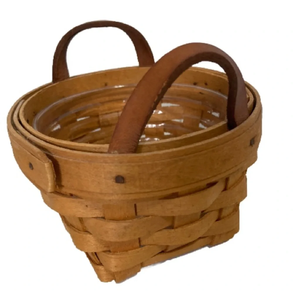 LONGABERGER 1997 Small Mini Round Planter Basket Leather Handles 4.5 x 3 in Tall